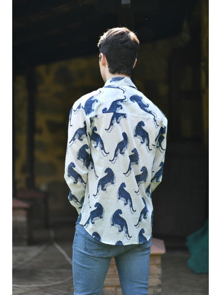 Men's Long Sleeve Leopard Blue on White Button Down Shirt