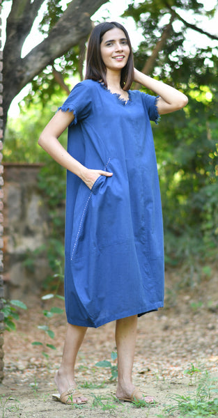 BALLOON DRESS - SOLID "SLUB" COTTON ROYAL BLUE