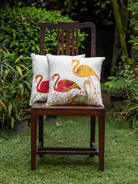 Embroidered Flamingo Cushion Cover